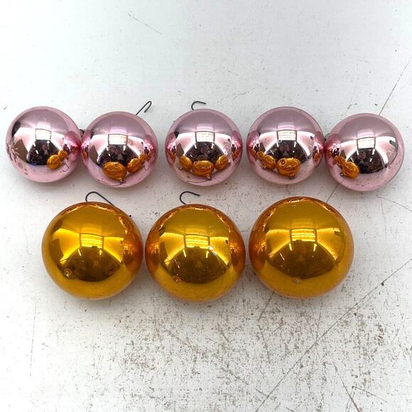 Lot Of 8 Poland Mercury Glass Christmas Ornaments 5 Pink 3 Yellow Balls - Picture 3 of 6
